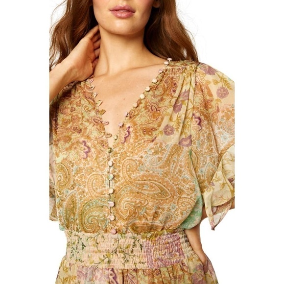 MISA Chiffon Floral Paisley Patchwork Flutter Short Sleeve Button Front Top XS - Picture 11 of 11